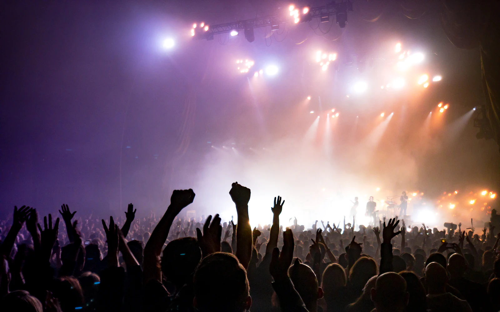 Público con las manos en alto bajo luces moradas en un concierto